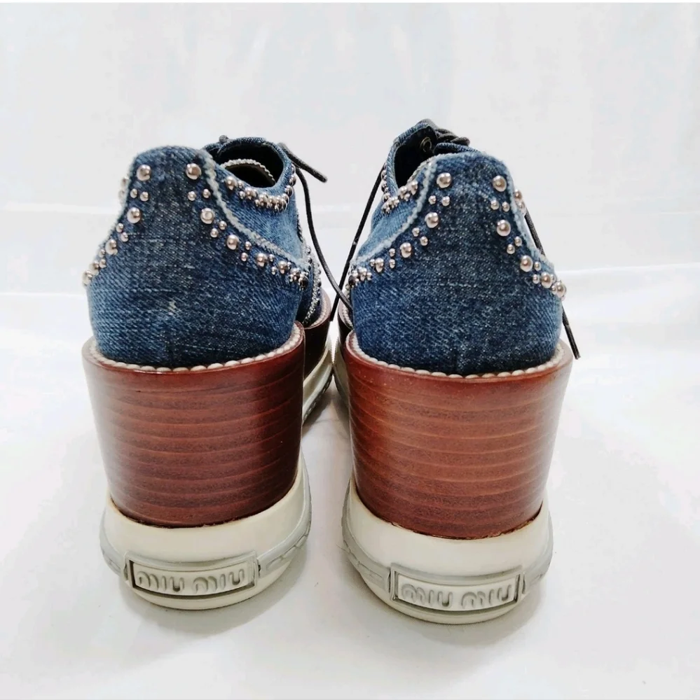Miu Miu Denim Platform Studded Wingtip Oxfords Sneakers - Picture 3 of 8